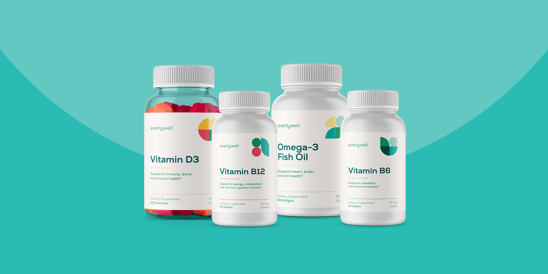 Bottles of Everlywell vitamins and supplements, including B6 and B12