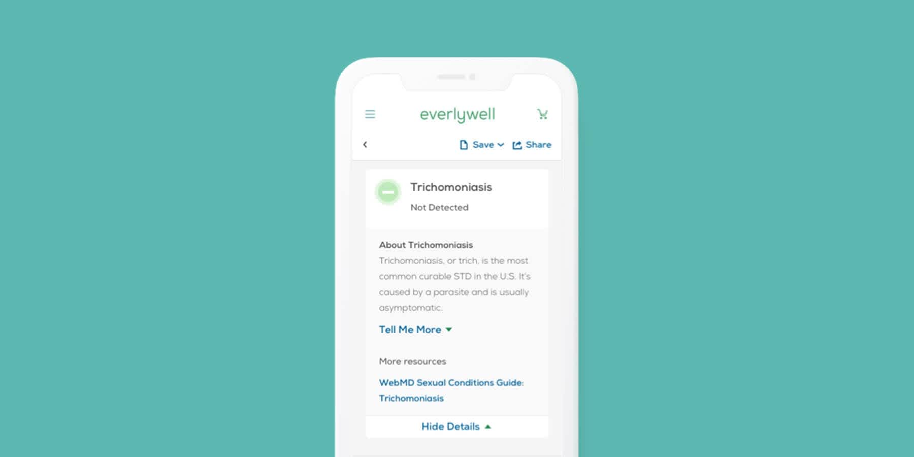 Mobile phone screen showing Everlywell STD Test results