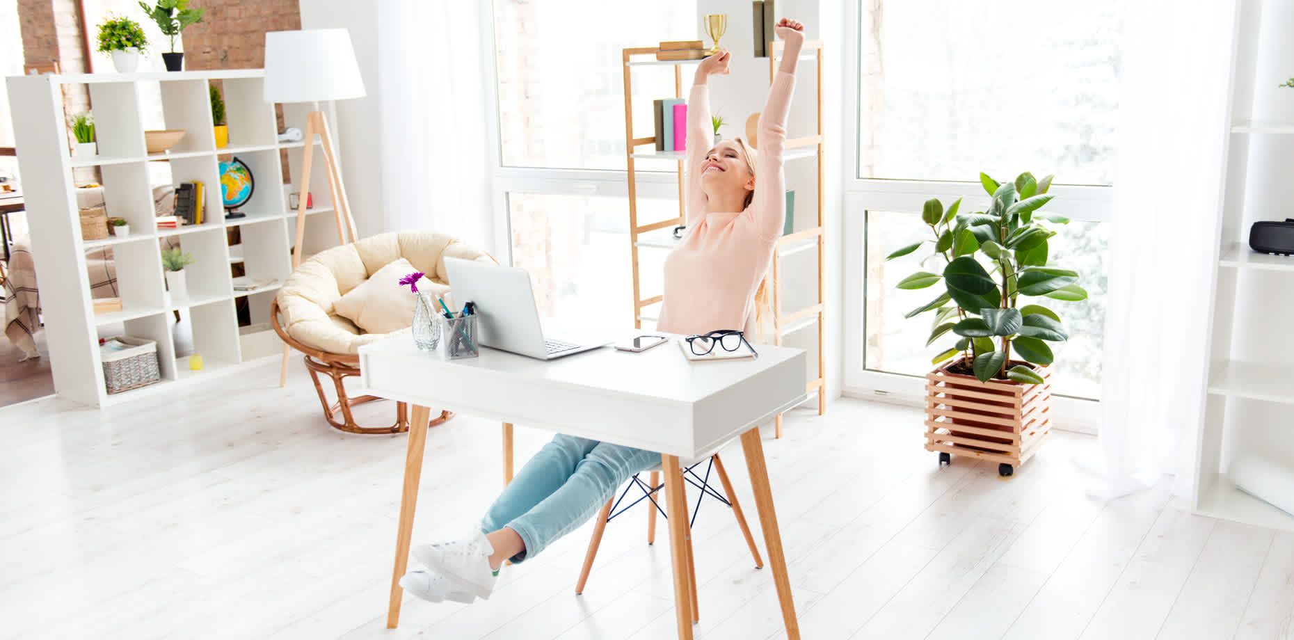 Woman doing exercise for heart health at her desk