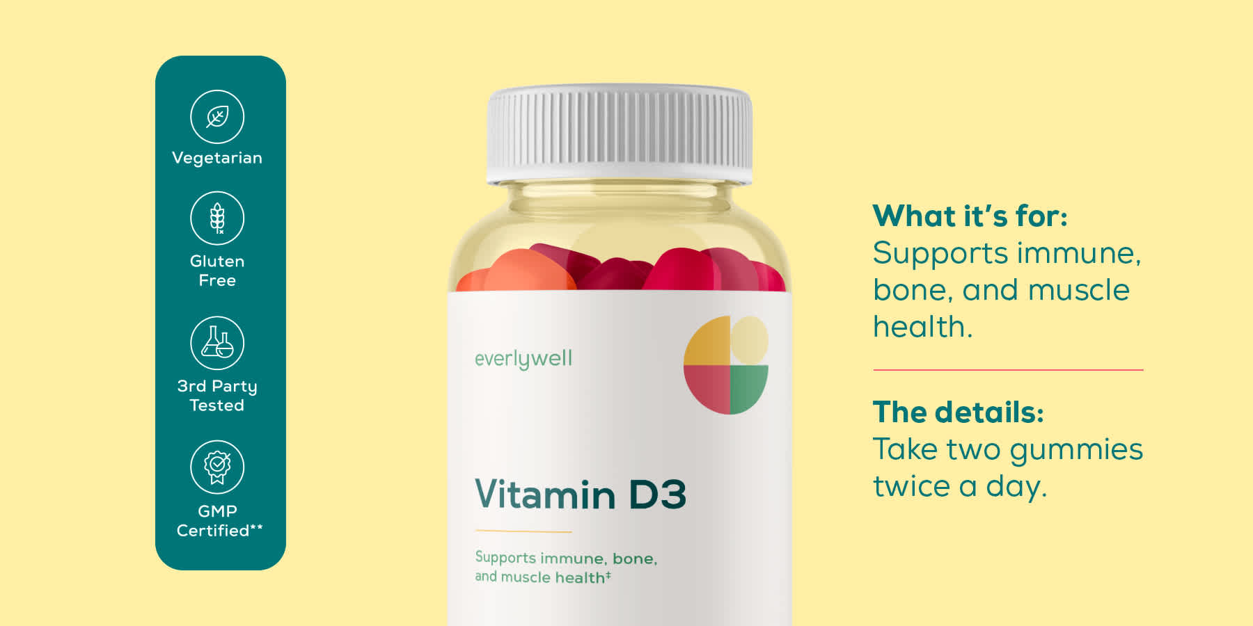 Bottle of vitamin D3 gummies against a yellow background