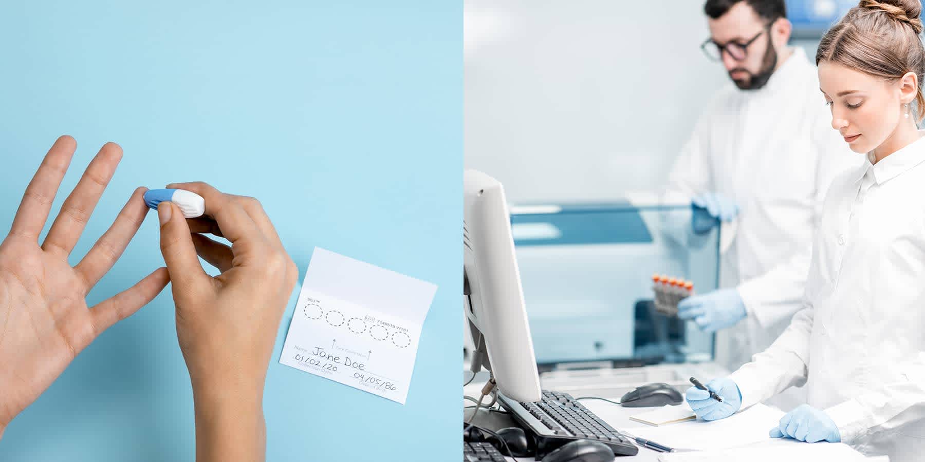 Two photos side by side: person using finger prick to collect blood sample for Everlywell test; laboratory technicians analyzing sample