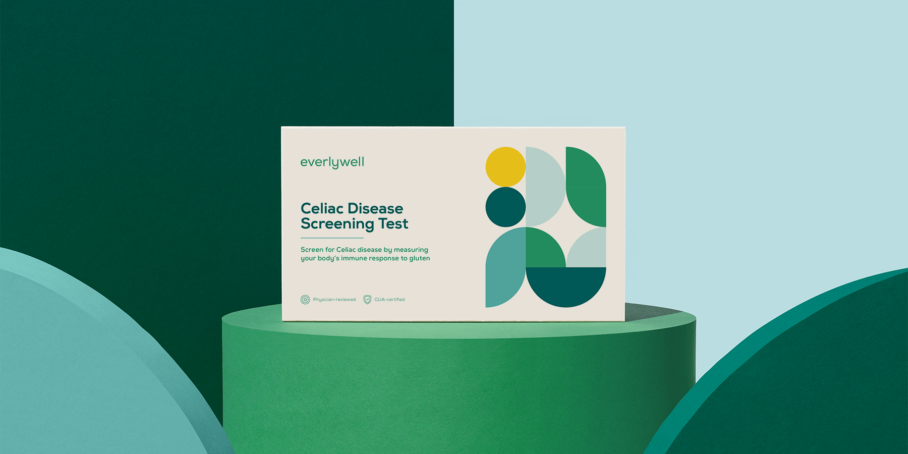 Image of Everlywell Celiac Disease Screening Test kit box against a green and blue background