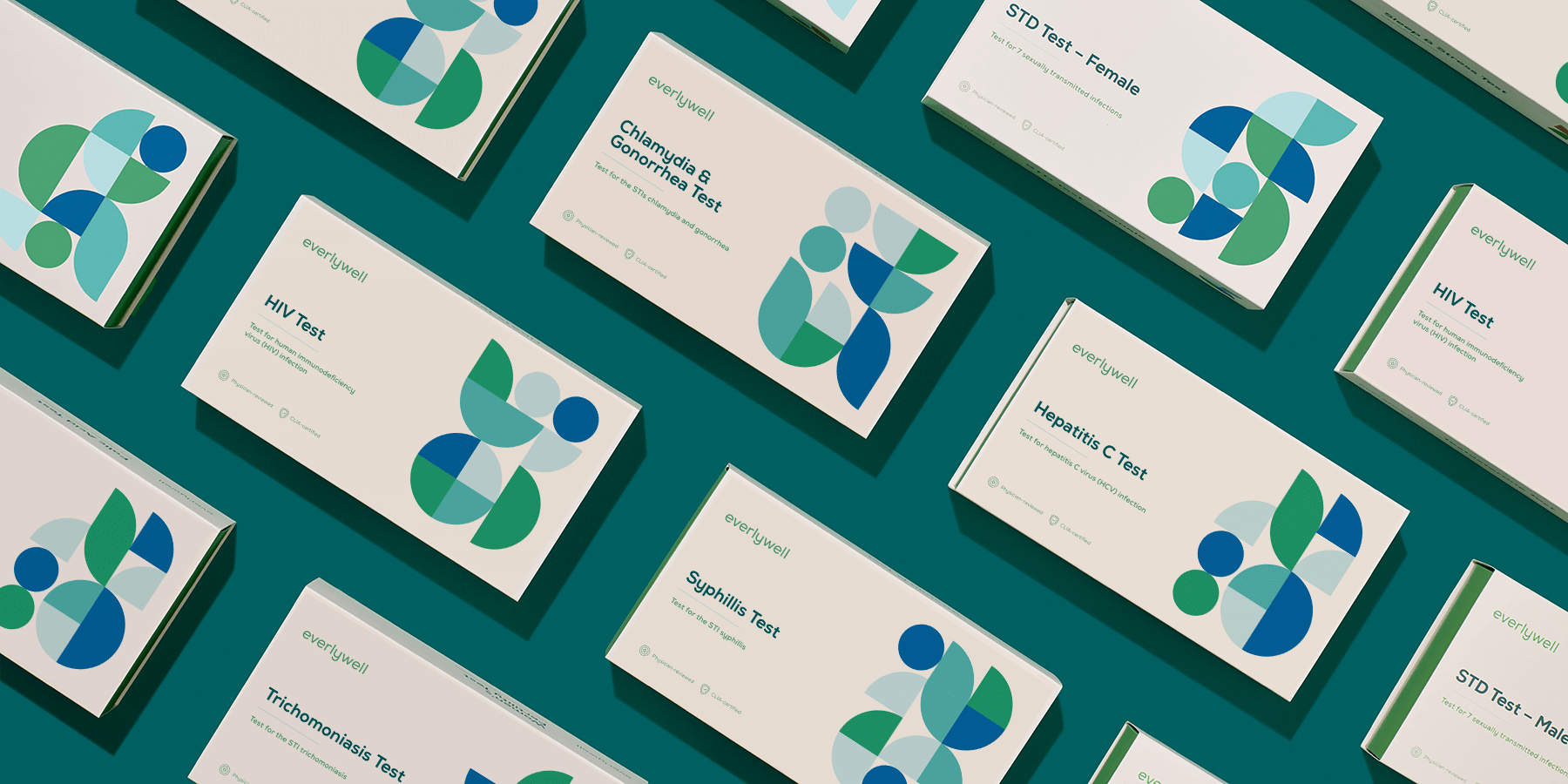 Variety of Everlywell at-home STD test kits against teal background